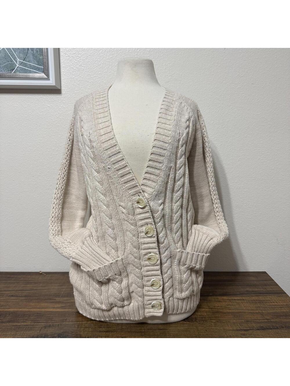 Moda International Cream Cable Knit Button-Up Cardigan Sweater Medium